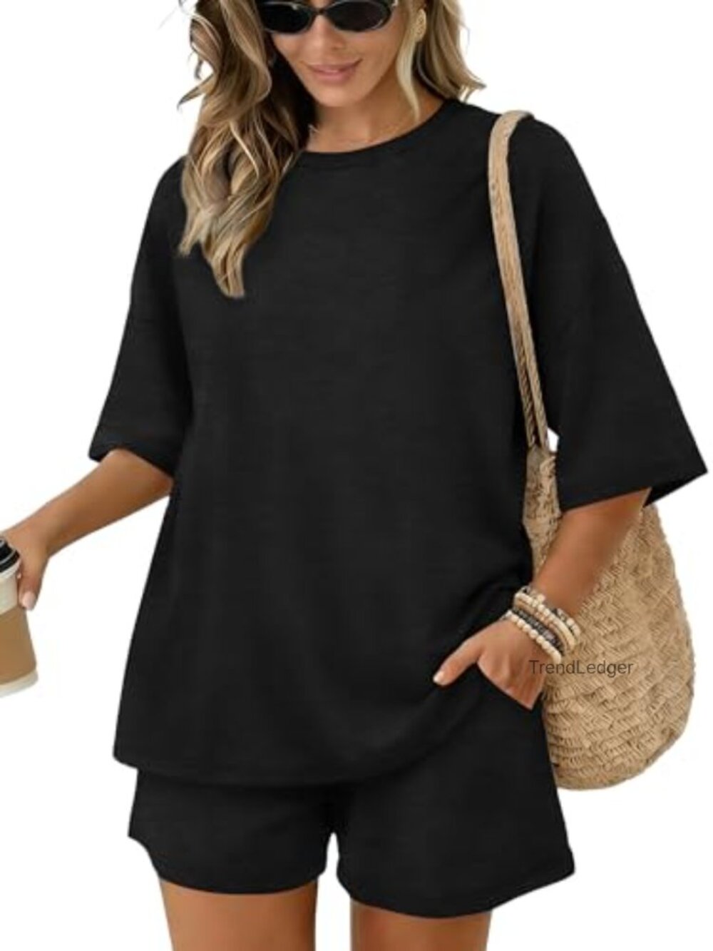Women's 2 Piece Lounge Set Short Sleeve Oversized Top Drawstring Shorts